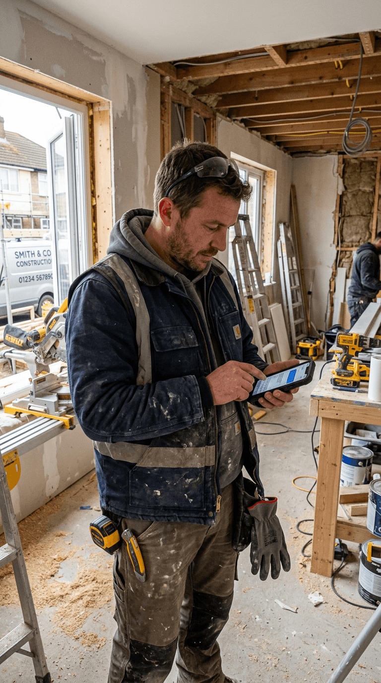 Profesional de la construcción registrando un gasto desde el móvil a pie de obra