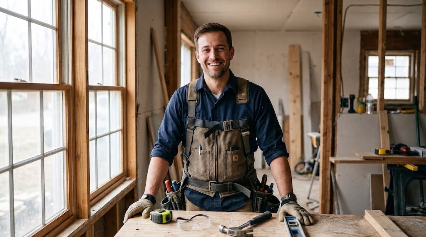 Profesional de la construcción sonriendo en una reforma, con sus herramientas sobre la mesa de trabajo